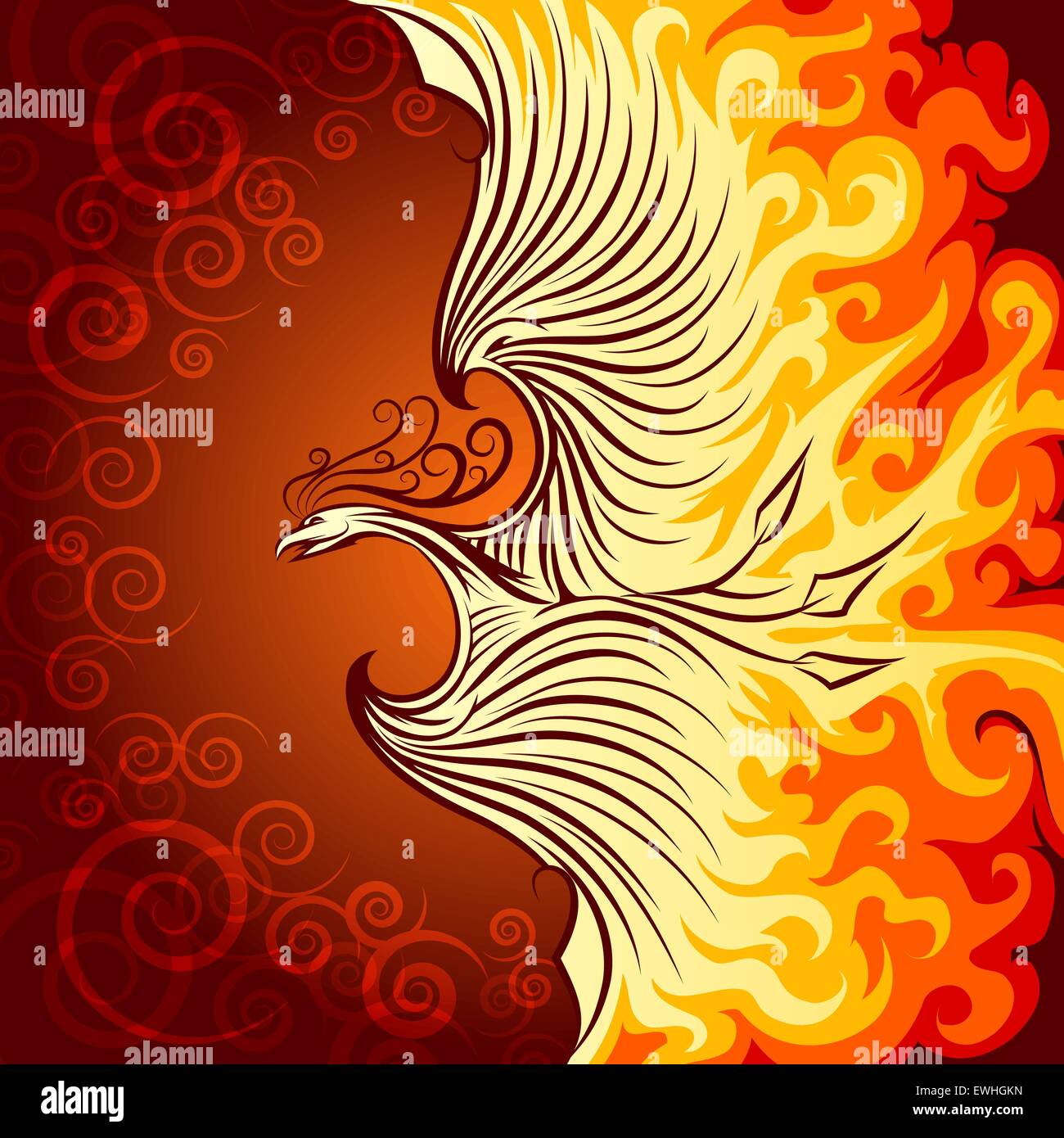 Illustrazione decorativo di flying Phoenix Bird. Phoenix nella fiamma di fuoco. Illustrazione Vettoriale