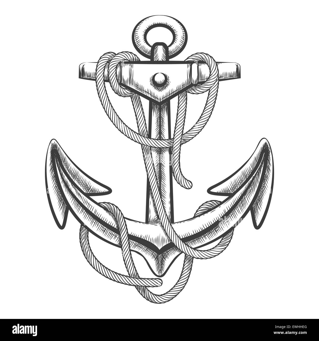 Disegnata a mano con ancoraggio fune. Stile di incisione. Isolato su sfondo bianco. Illustrazione Vettoriale