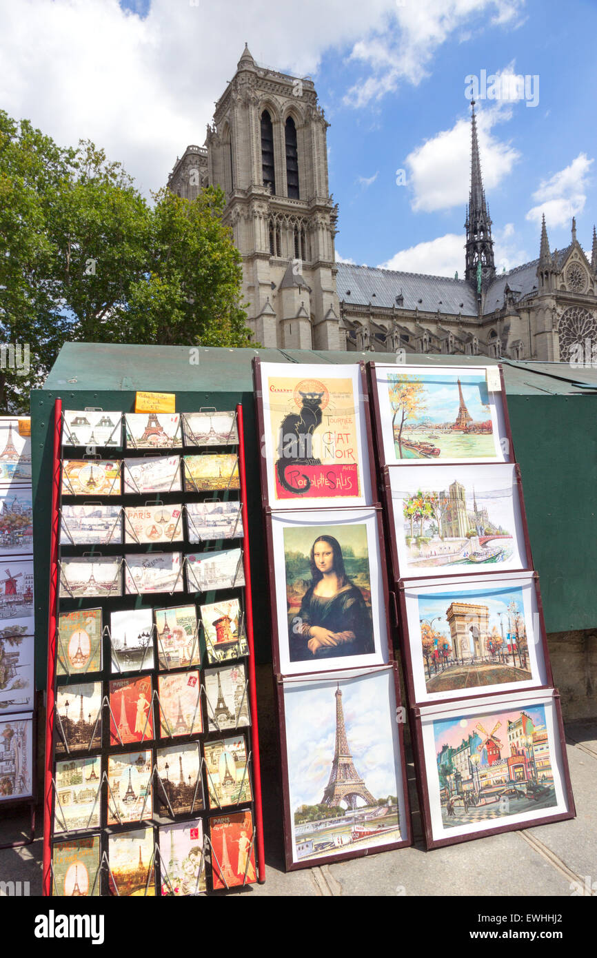 Parigi - Giugno 19, 2015: cartoline d'epoca in un bouquiniste stare vicino alla cattedrale di Notre Dame. La vendita di libri sulle rive del Foto Stock