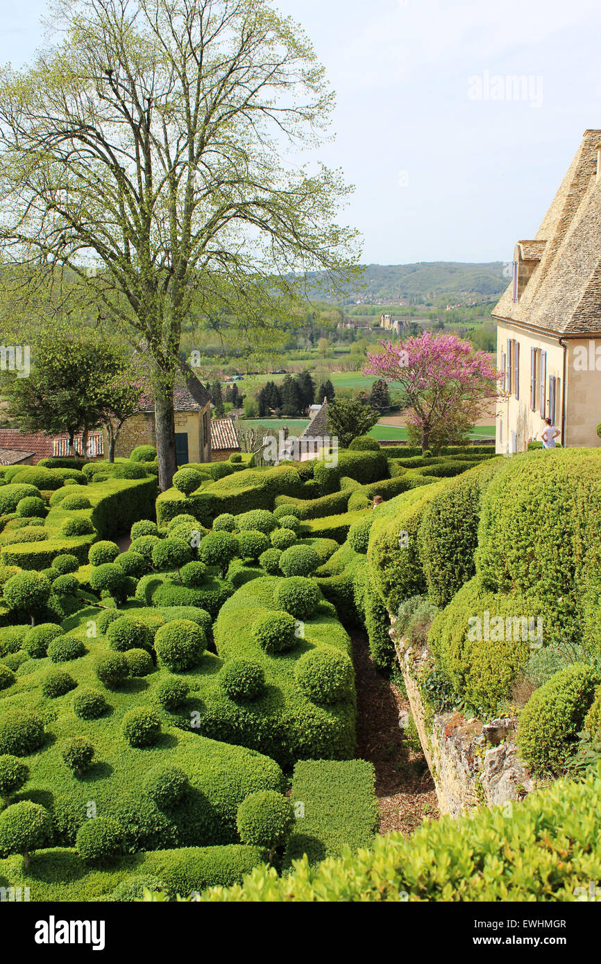 Vista del Chateau du Marqueyssac in teh Dordogne Valled con incredibile topiaria da insoliti giardini di legno di bosso Foto Stock