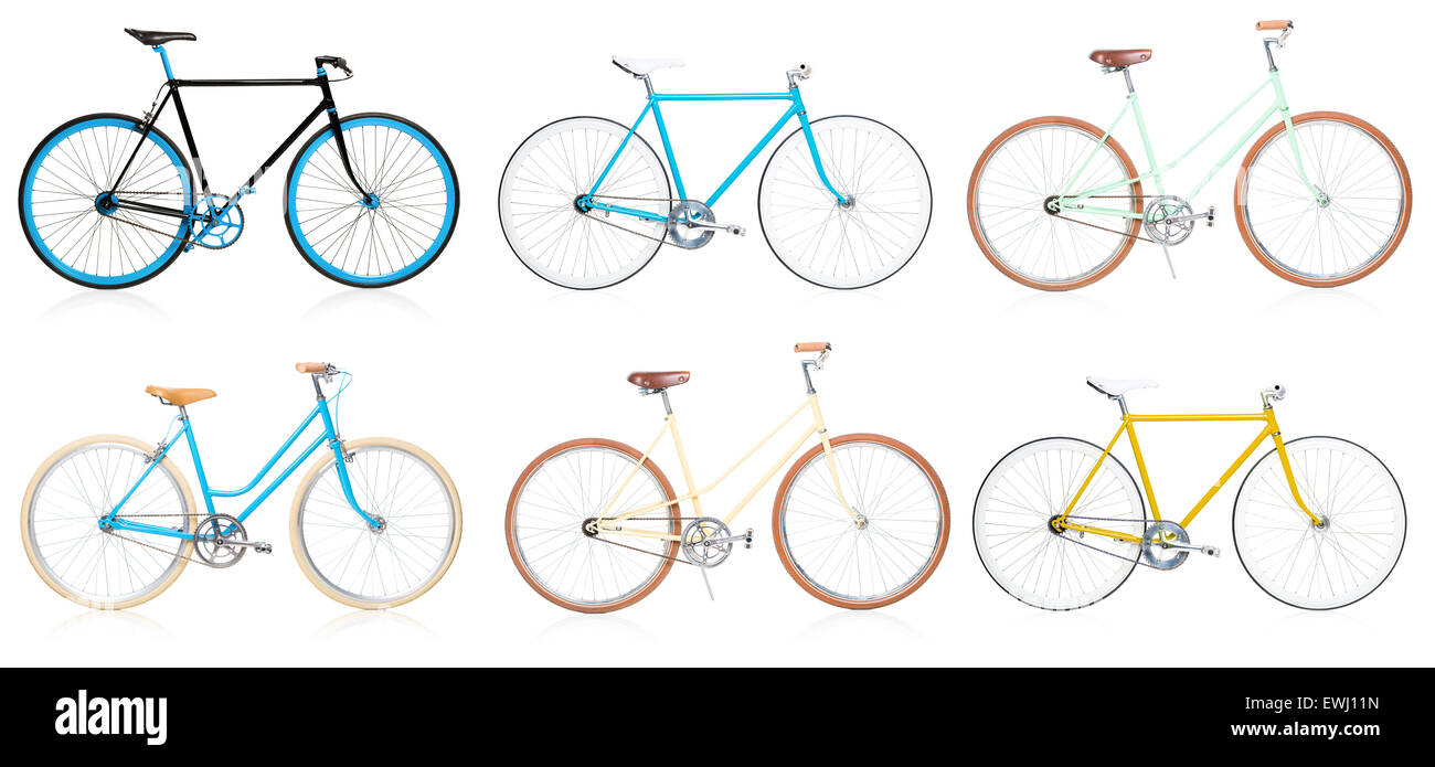 Raccolta di colorato ed elegante bicicletta hipsters isolati su sfondo bianco Foto Stock