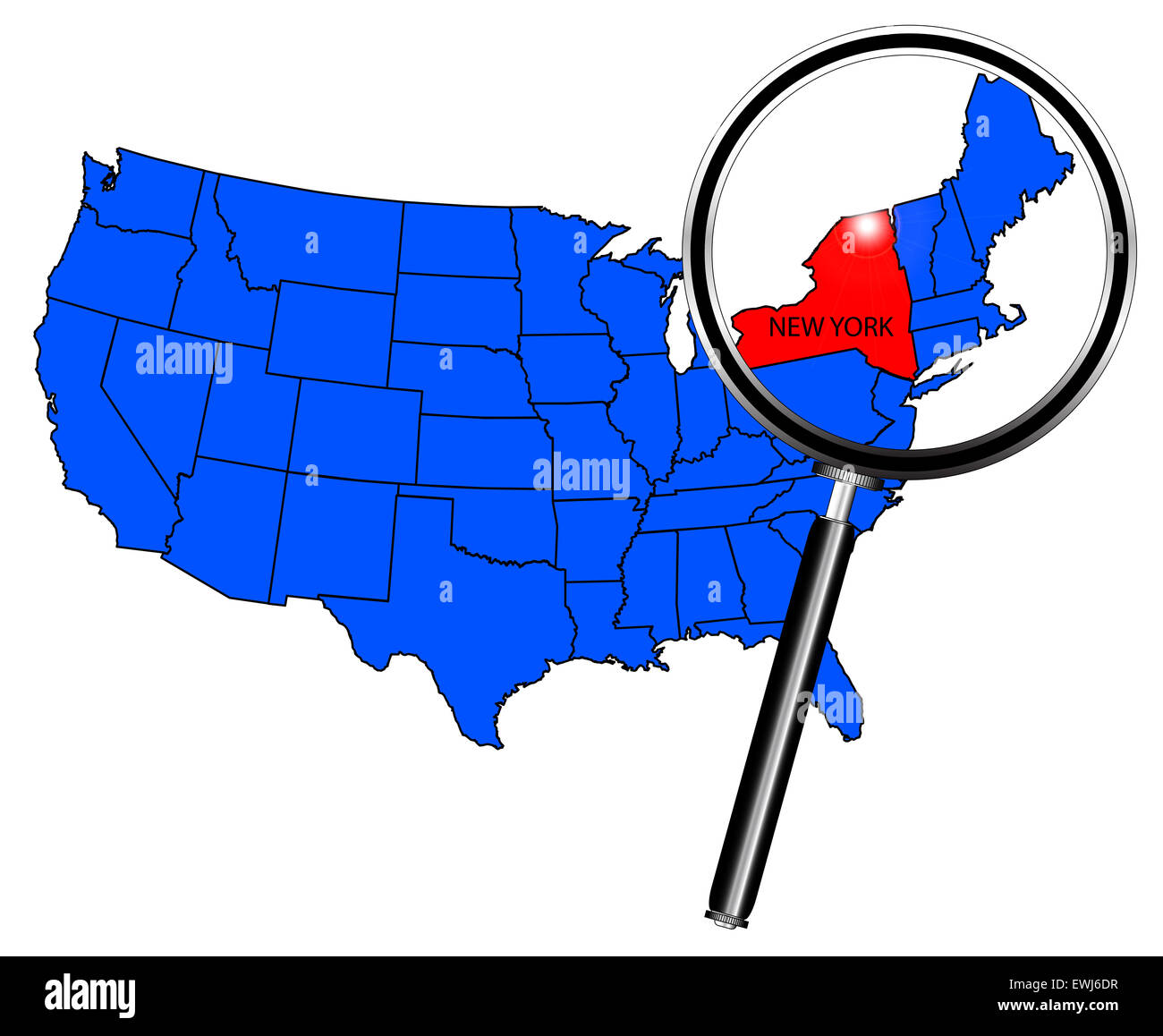 Mappa degli Stati Uniti d'America con lo stato di New York in rosso sotto una lente di ingrandimento Foto Stock
