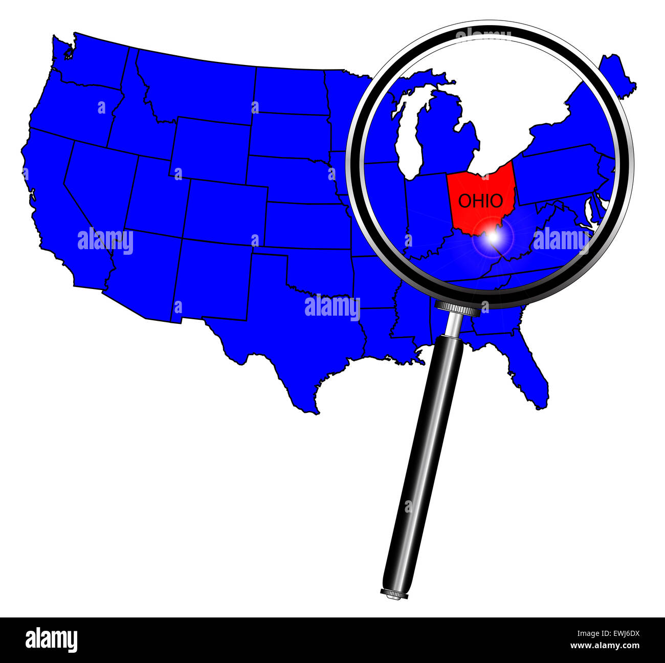 Ohio State delineare inserita in una mappa degli Stati Uniti d'America sotto una lente di ingrandimento Foto Stock