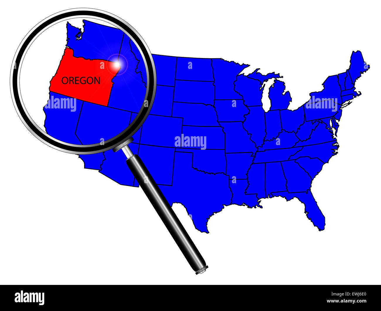 Oregon state contorno impostato in una mappa degli Stati Uniti d'America sotto una lente di ingrandimento Foto Stock