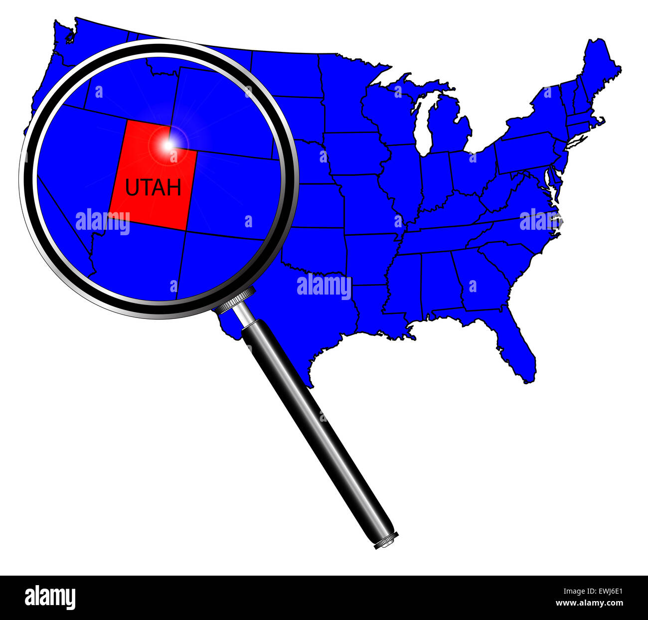 La Utah State contorno impostato in una mappa degli Stati Uniti d'America sotto una lente di ingrandimento Foto Stock