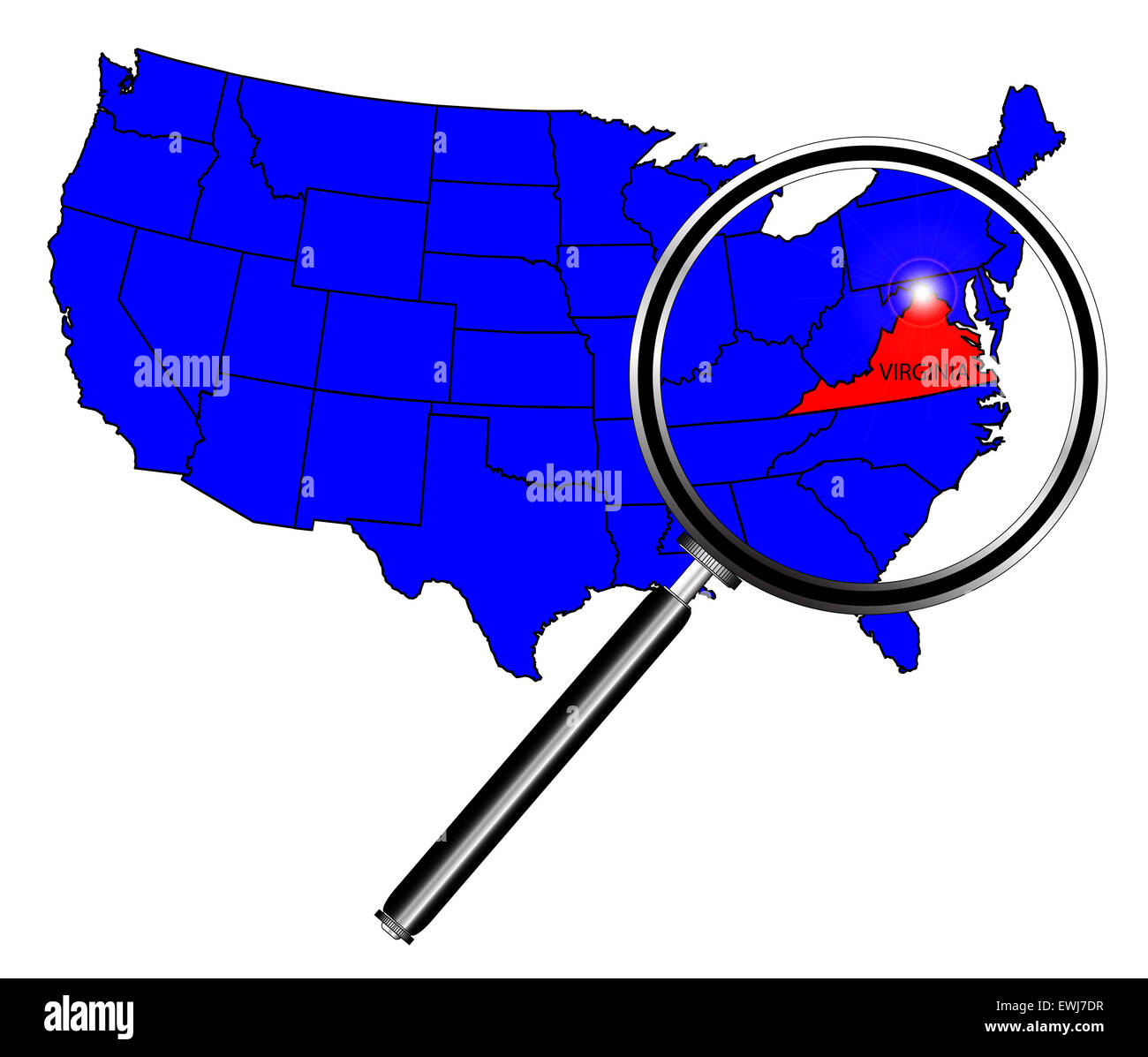 Stato della Virginia contorno impostato in una mappa degli Stati Uniti d'America al di sotto di una lente di ingrandimento Foto Stock