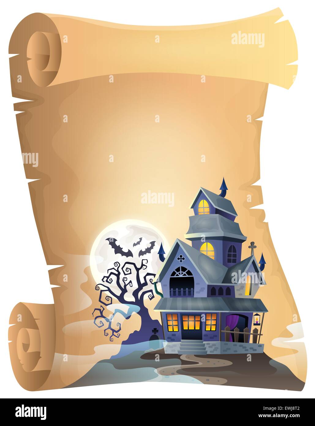 Pergamena con Haunted House tematiche 1 - foto illustrazione. Foto Stock