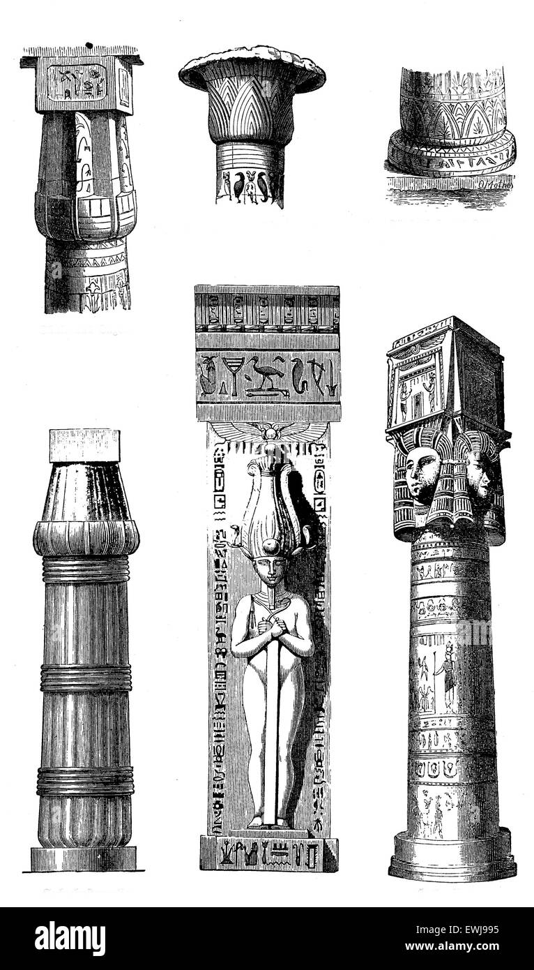 Antico Egitto - dettagli architettonici di pilastri, le sculture e i geroglifici. Foto Stock