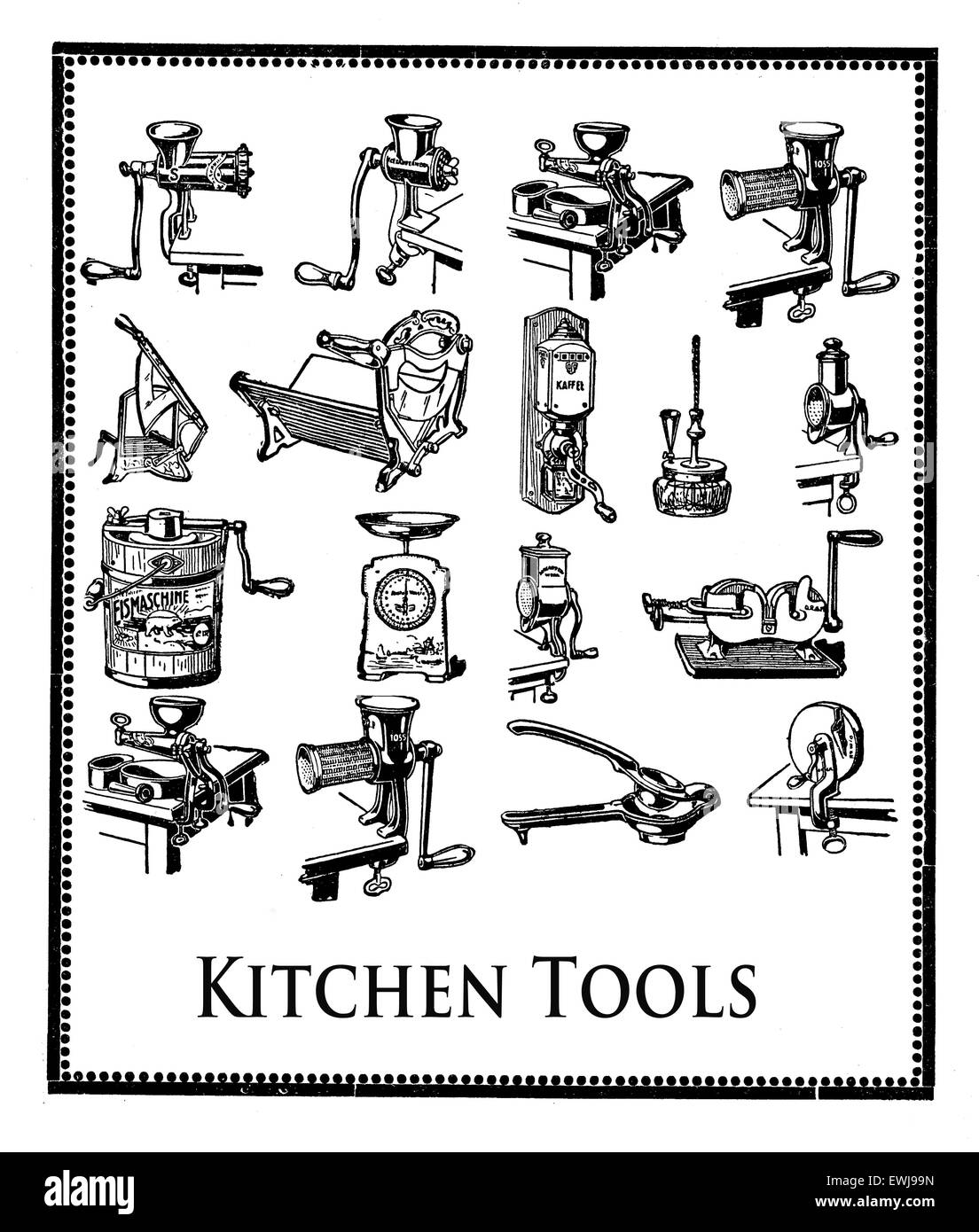 Incisione con cucina essenziali strumenti professionali per la preparazione di alimenti Foto Stock