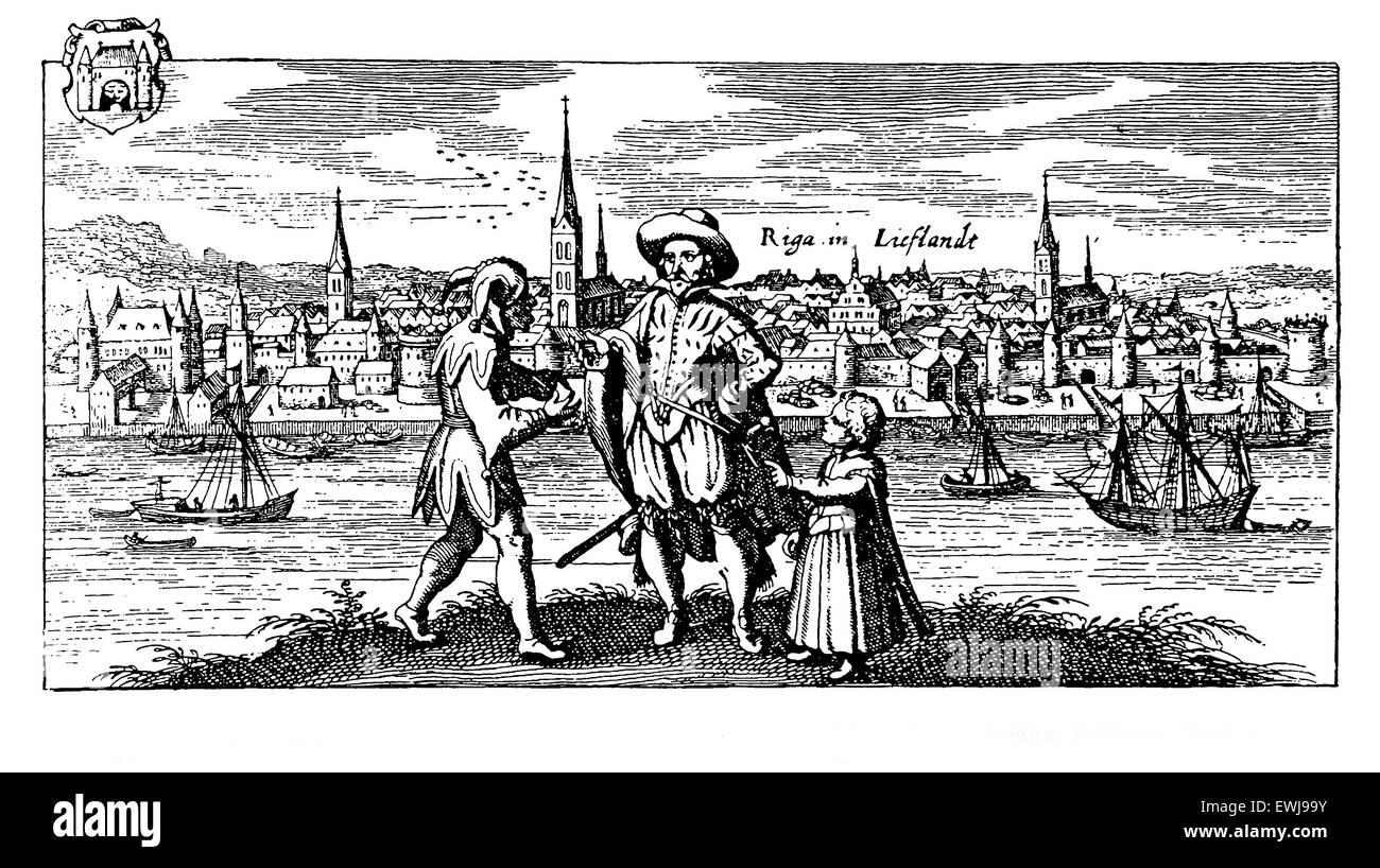 Antica incisione di una vista del Mar Baltico città di Riga, la capitale lettone, ca. 1700 Foto Stock