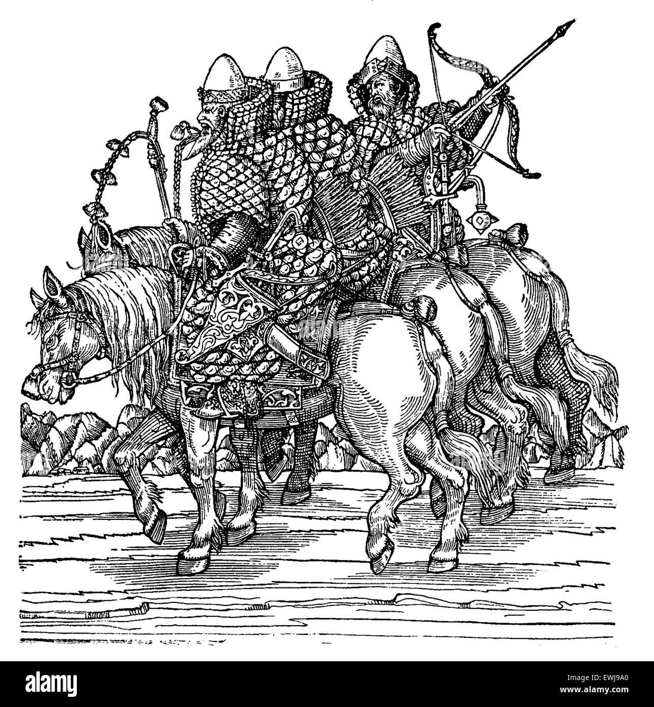 Incisione del XVI secolo Moscovia cavalieri predisposizione per la battaglia Foto Stock