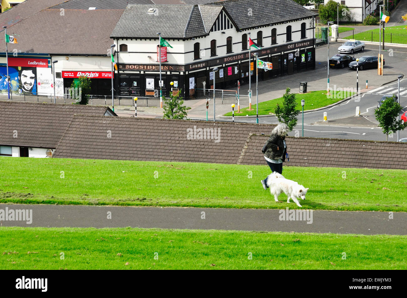 Quartiere di Bogside guardando giù dalle mura della città. Derry, Londonderry. Contea di Londonderry. L'Irlanda del Nord. Regno Unito Foto Stock