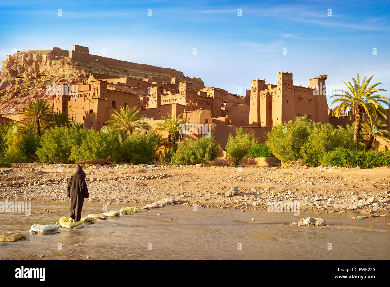 Vista panoramica di Ait Benhaddou, Ait Ben Haddou, Kasbah, Ouarzazate, Marocco, Africa Foto Stock