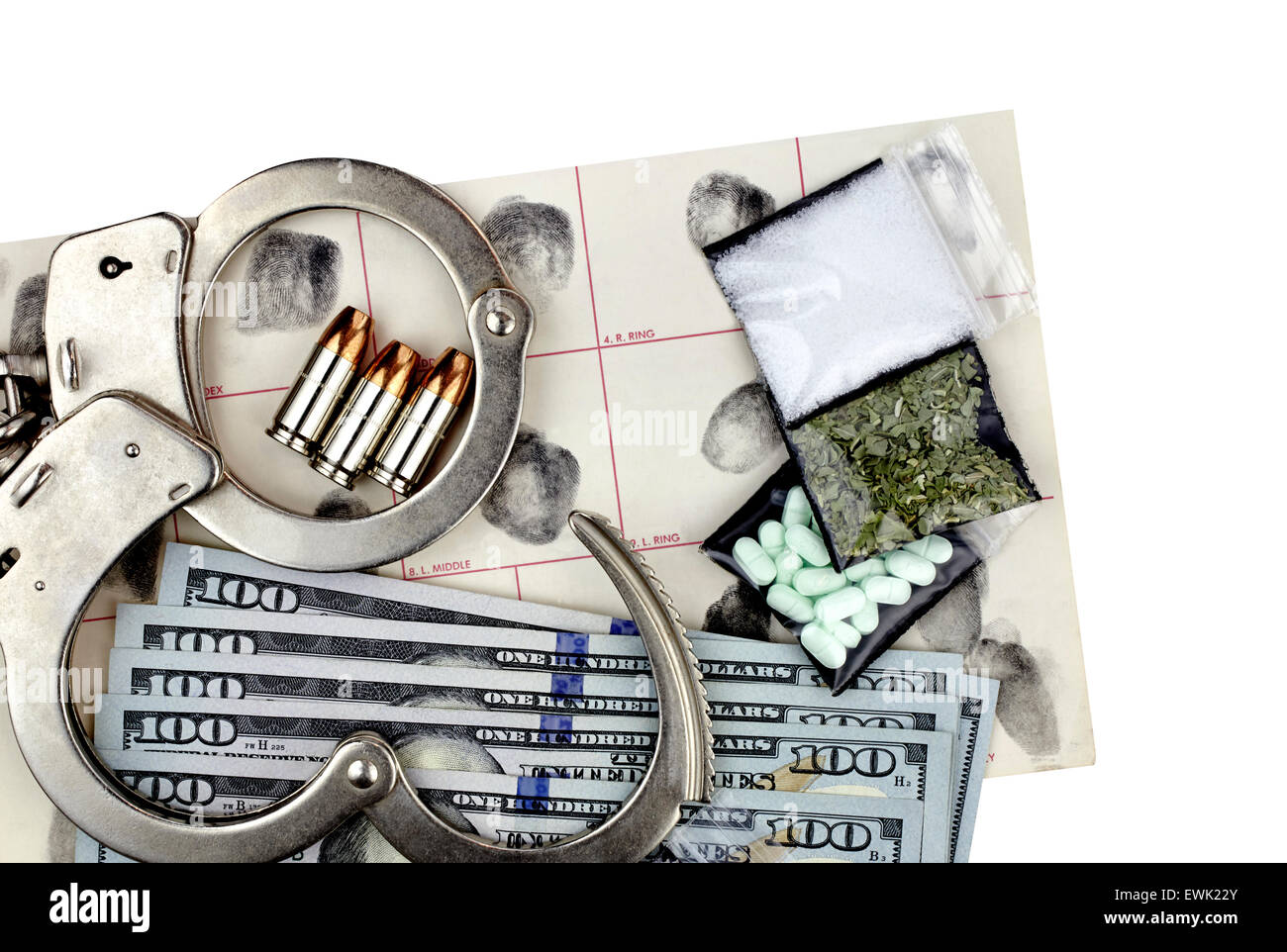 Busto di farmaco arresto con le manette, contanti, ID di impronte digitali e fake campione di prova. Foto Stock
