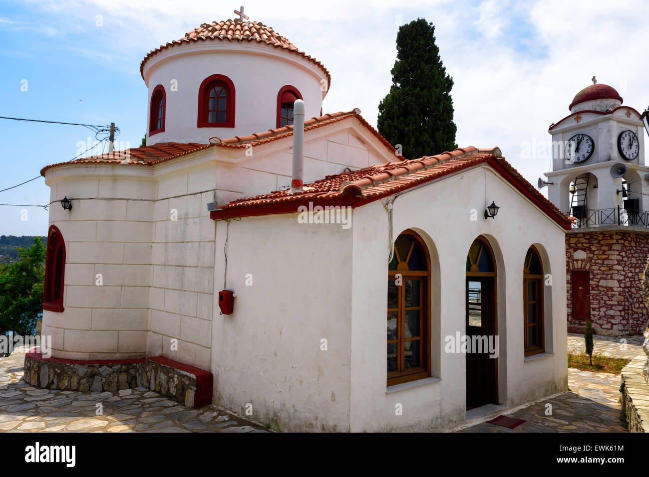 La Chiesa di San Nicola e la Torre dell Orologio Skiathos Grecia Foto Stock