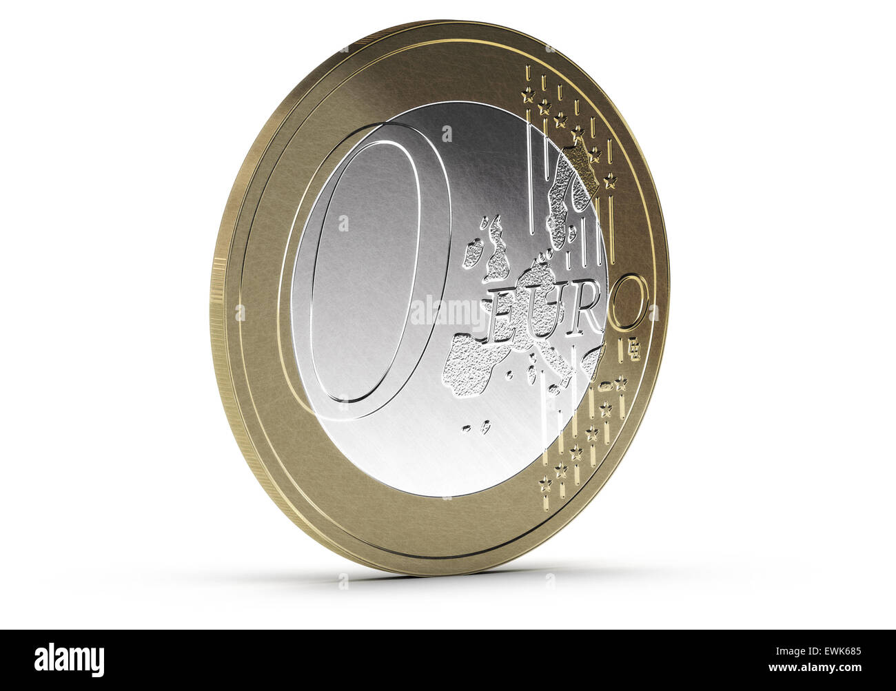 Zero euro moneta su sfondo bianco con ombre e graffi, concetto di immagine per il servizio gratuito. Foto Stock