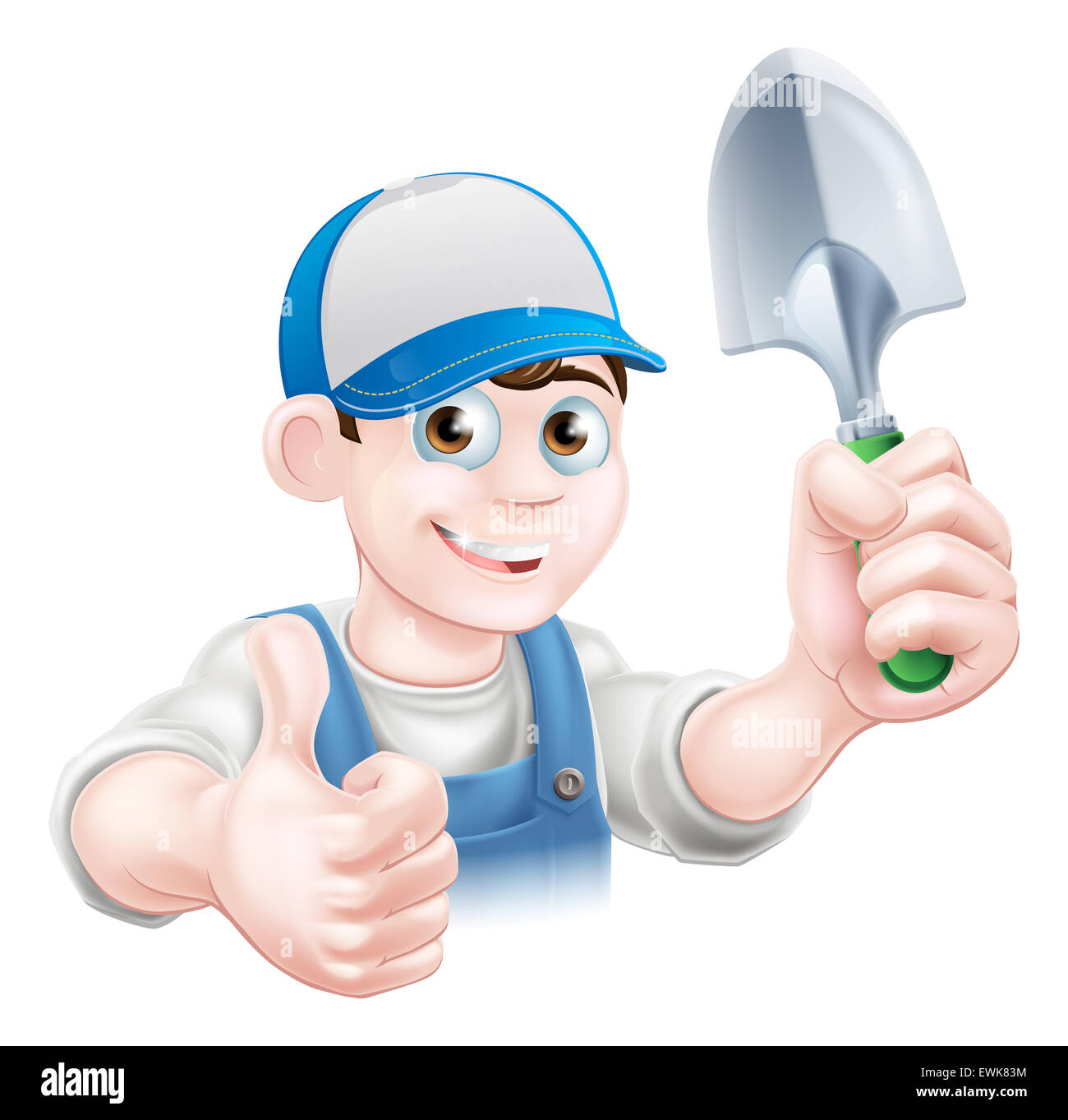 Un cartoon giardiniere carattere tenendo un giardino cazzuola e dando un pollice in alto Foto Stock
