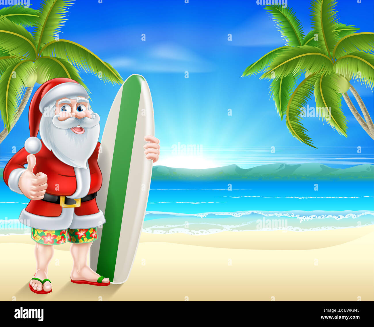 Cartoon di Santa Claus in possesso di una tavola da surf e dando un pollice in alto nella sua scheda di Hawaiian shorts e flip flop sandali su un tropi Foto Stock