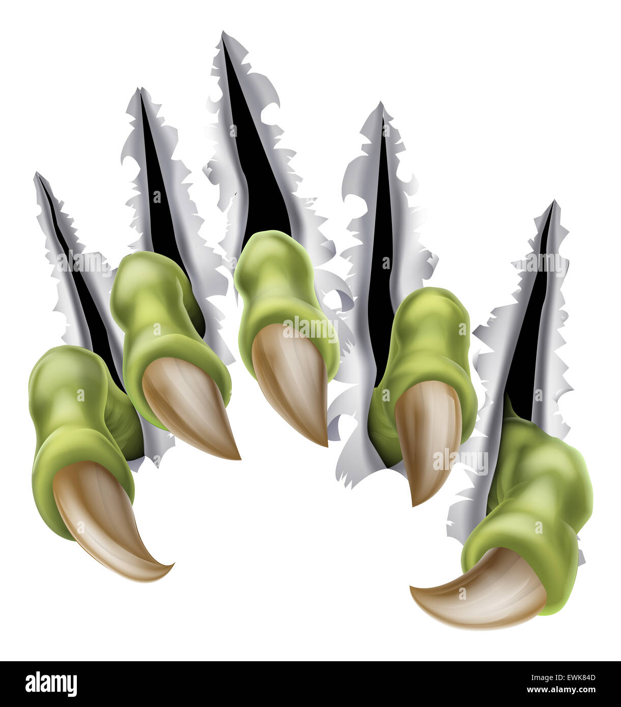 Una illustrazione di un mostro mano ad artiglio rompere, strappo o lacerazione attraverso una parete o in metallo Foto Stock