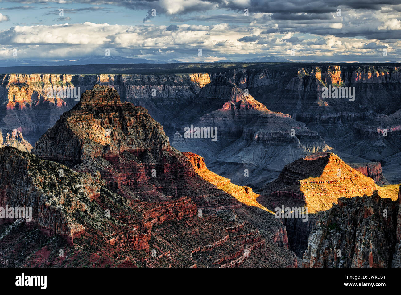Sole di sera si rompe come molla storm costruisce sopra il bordo settentrionale della Arizona Grand Canyon National Park da Walhalla si affacciano. Foto Stock
