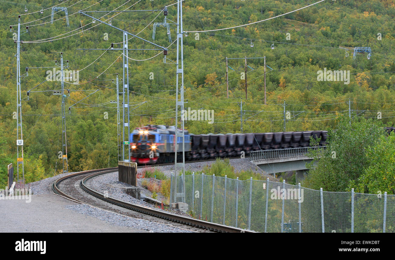ABISKO, SVEZIA IL 03 SETTEMBRE 2009. Il trenino elettrico in velocità caricato con il minerale di ferro viene a. In autunno, e luci accese. Editoriale. Foto Stock