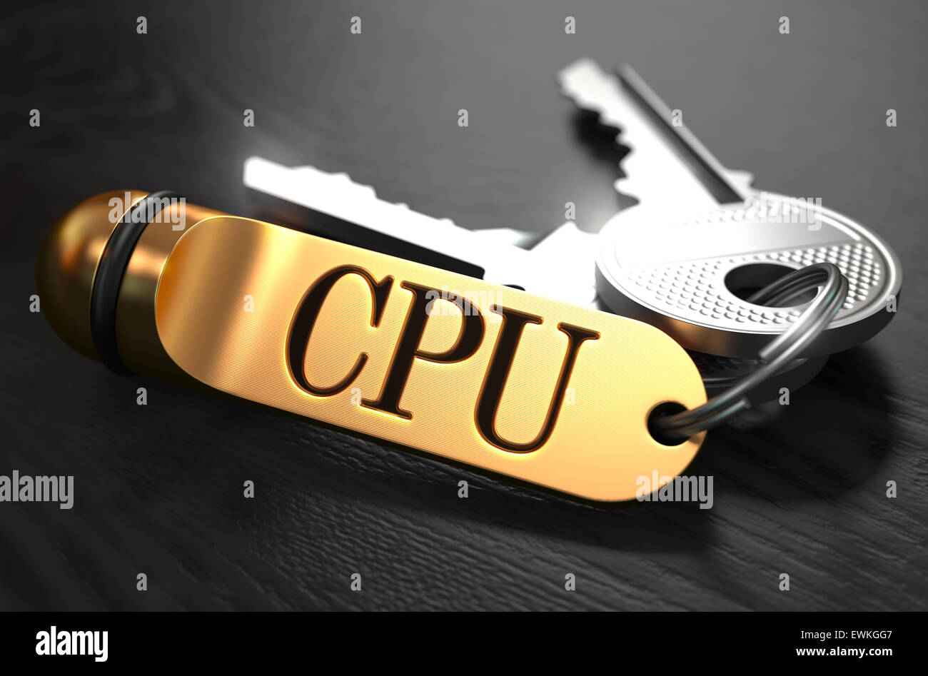 Concetto di CPU. Chiavi con portachiavi dorato. Foto Stock