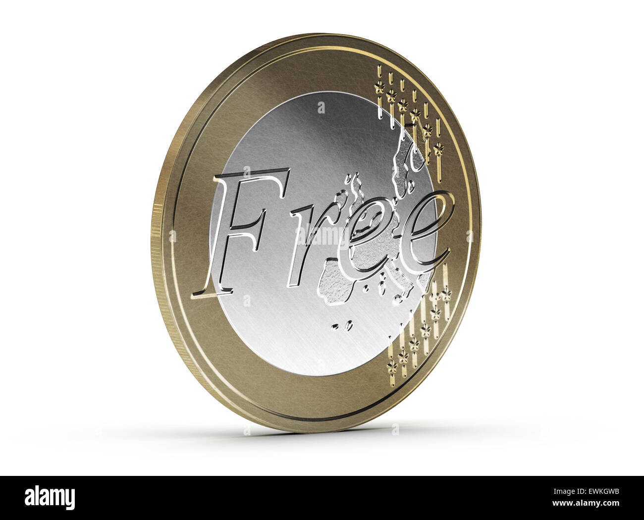 Libera euro moneta su sfondo bianco con ombre e graffi. Immagine concettuale per il servizio gratuito o omaggi. Foto Stock