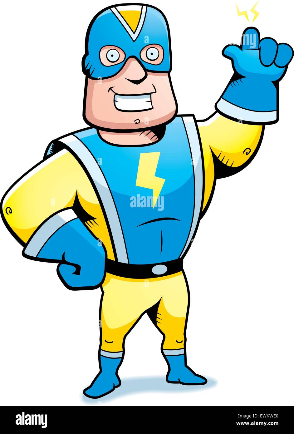 Un felice cartoon supereroe con poteri elettrici. Illustrazione Vettoriale