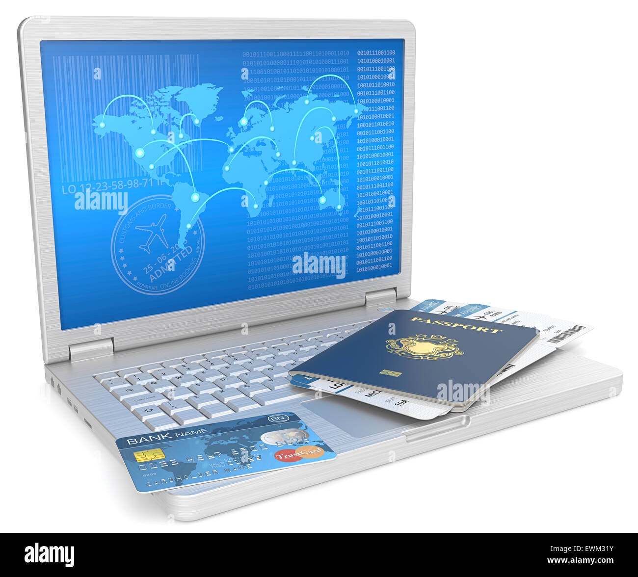 Computer portatile con passaporto blu, biglietti aerei e una carta di credito. Schermo blu con mappa del mondo. Non-Country golden blasone. Foto Stock