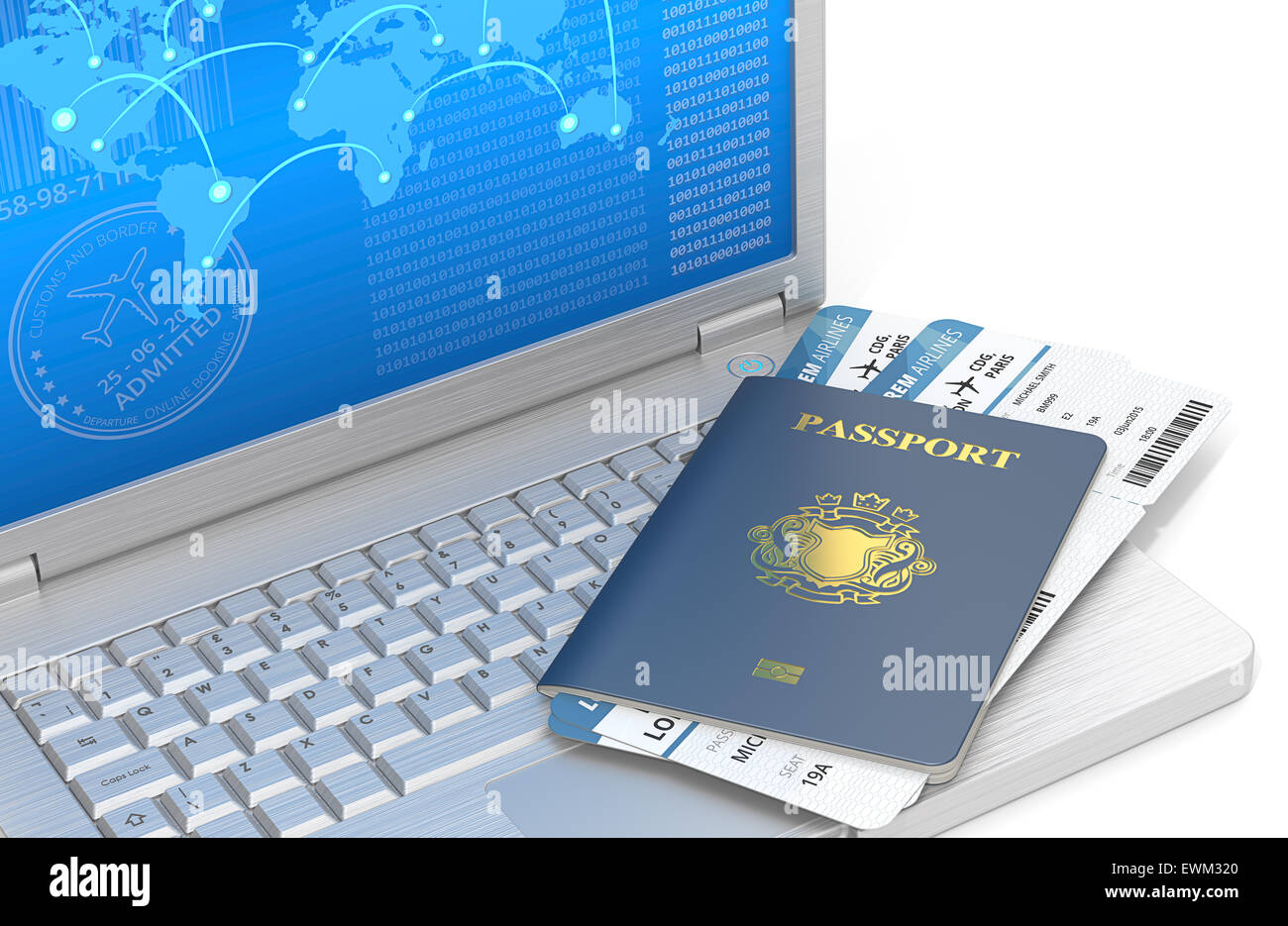 Computer portatile di acciaio spazzolato con passaporto blu e biglietti aerei. Schermo blu con mappa del mondo. Non-Country golden blasone. Foto Stock