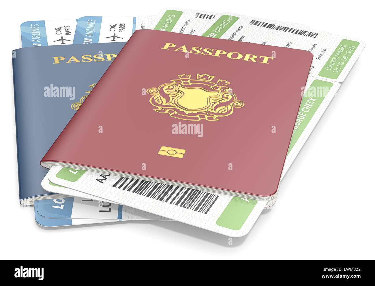 Il rosso e il blu dei passaporti e la carta di imbarco. Non-Country golden blasone. Foto Stock