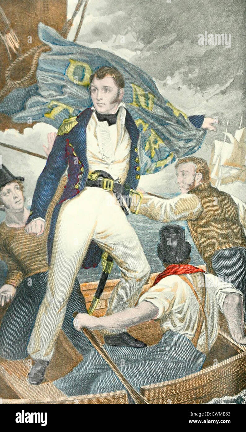 Commodore Oliver Hazard Perry alla battaglia del Lago Erie, settembre 1813, durante la guerra di 1812 Foto Stock