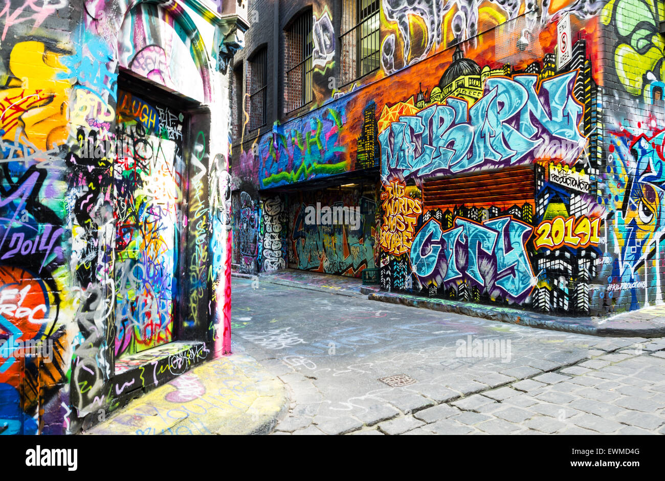 Australia, Melbourne, murales graffiti nel famoso Hosier Lane nel centro della città Foto Stock