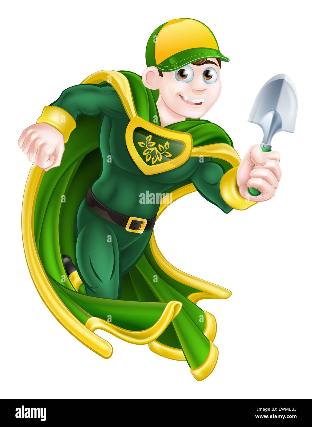 Un cartoon super hero carattere giardiniere tenendo un giardino cazzuola attrezzo Foto Stock