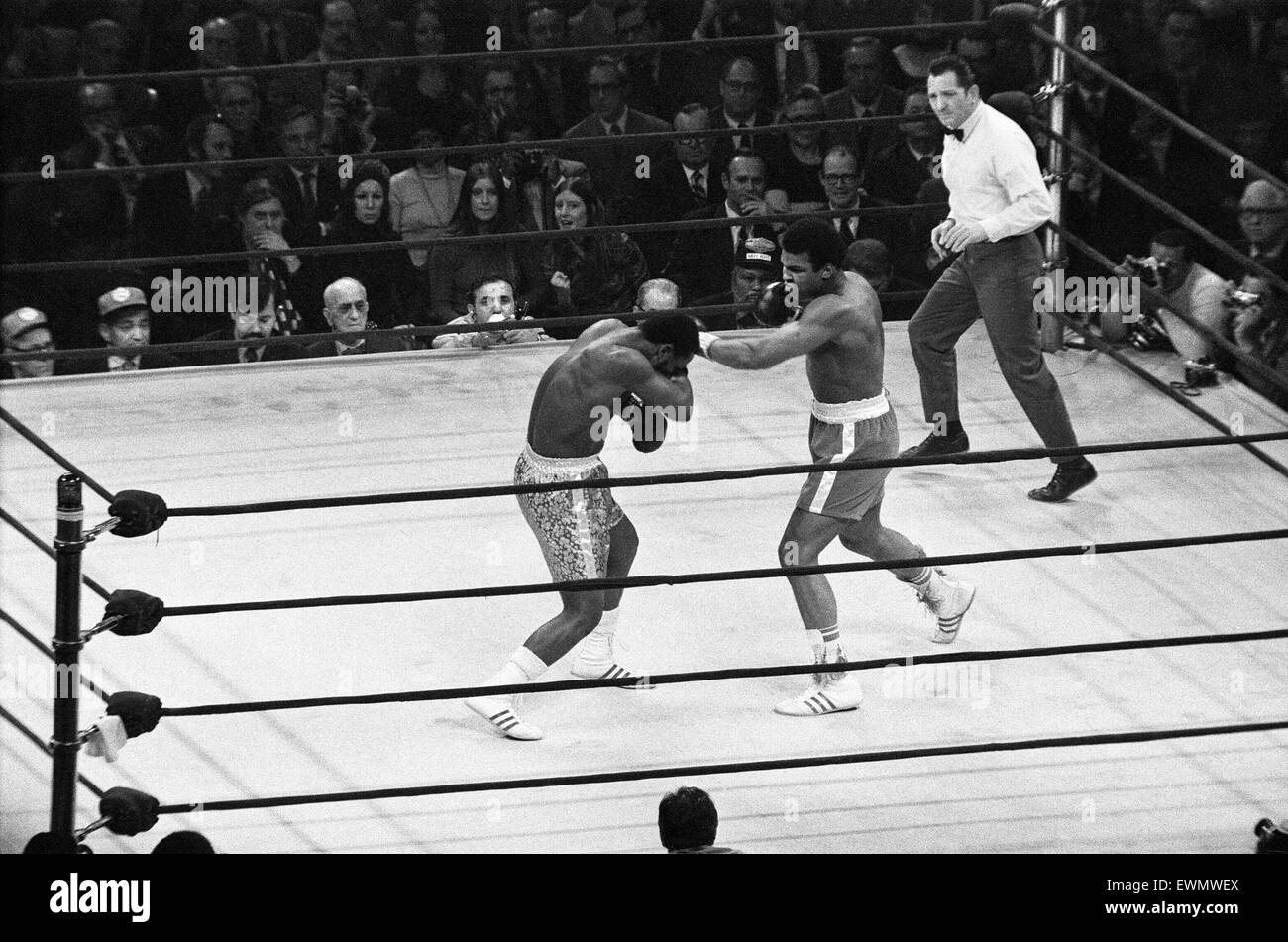 Muhammad Ali e Joe Frazier battaglia per il World Heavyweight Championship al Madison Square Garden di New York City. 8 Marzo 1971 Foto Stock