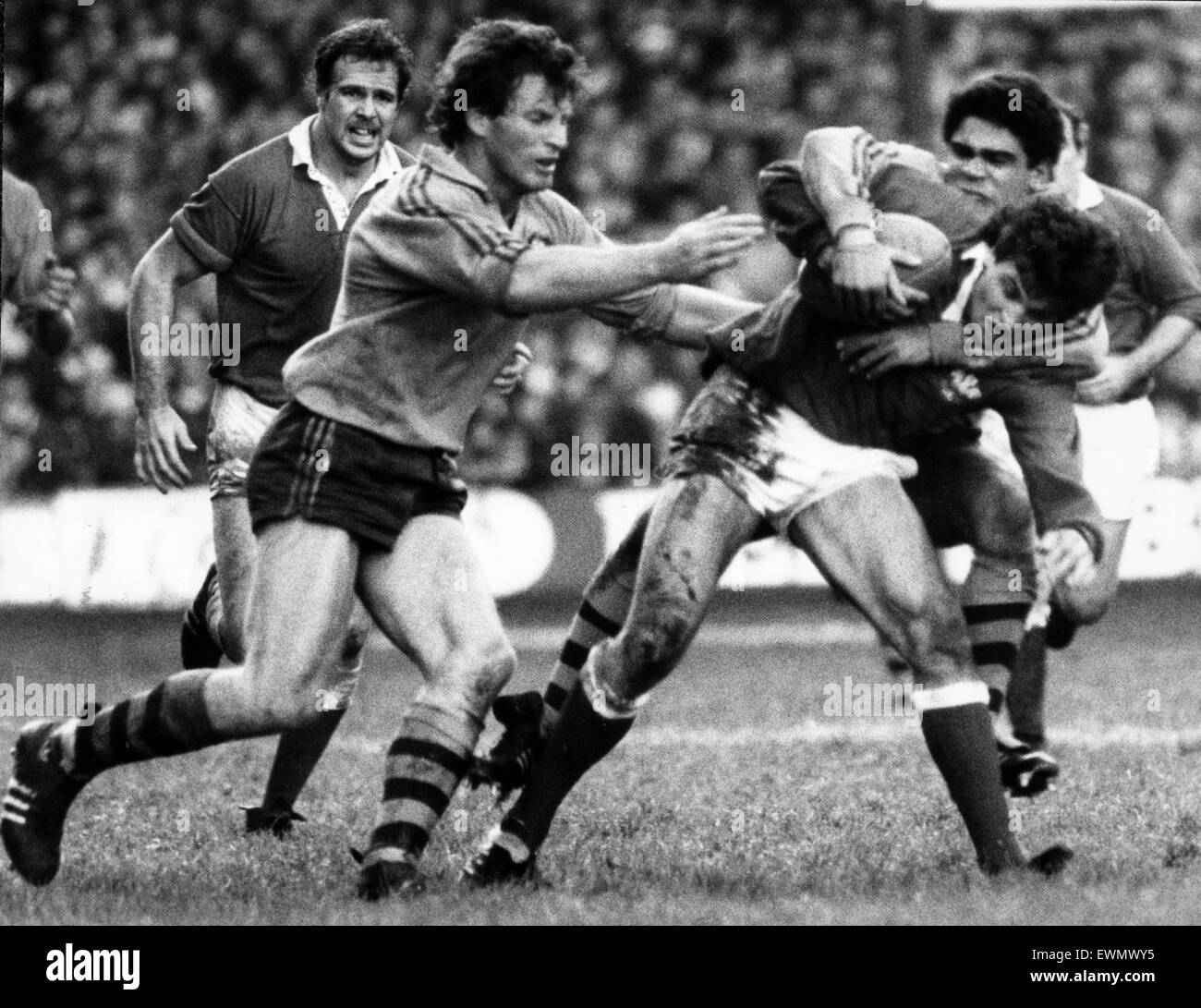 Australia 28-9 Wales, Australian 1984 Rugby Union tour della Gran Bretagna e di Irlanda, corrispondono 12, Cardiff Arms Park, Cardiff, 24 novembre 1984. Contrassegnare l'anello viene arrestato da Mark Ella come Simon Poidevin arriva per unirsi a loro. Foto Stock