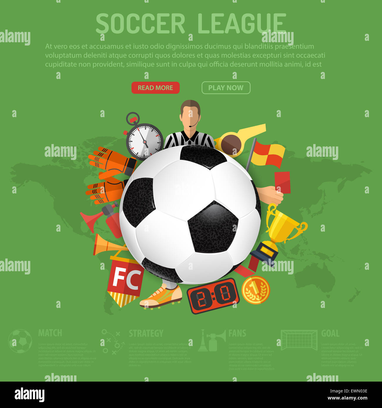 Poster di calcio con pallone da calcio e gli attributi delle icone. 3D realistici e icone di piatto come arbitro, trofeo, red card. È possibile utilizzare Foto Stock