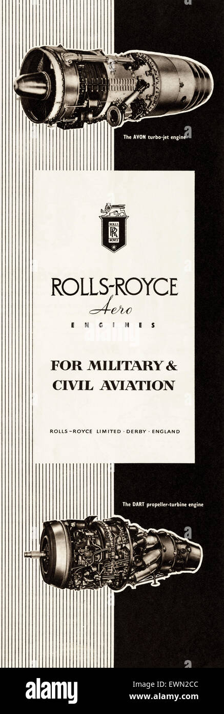 Anni Cinquanta annuncio 1954 circa magazine annuncio pubblicitario per la Rolls Royce Aero Engines per militari e aeromobili civili Foto Stock