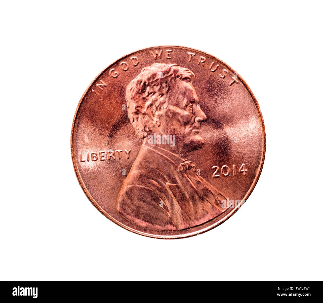 Un Penny salvata..ripresa macro di un bellissimo USA 1 cent (penny) moneta. Isolato su bianco Foto Stock