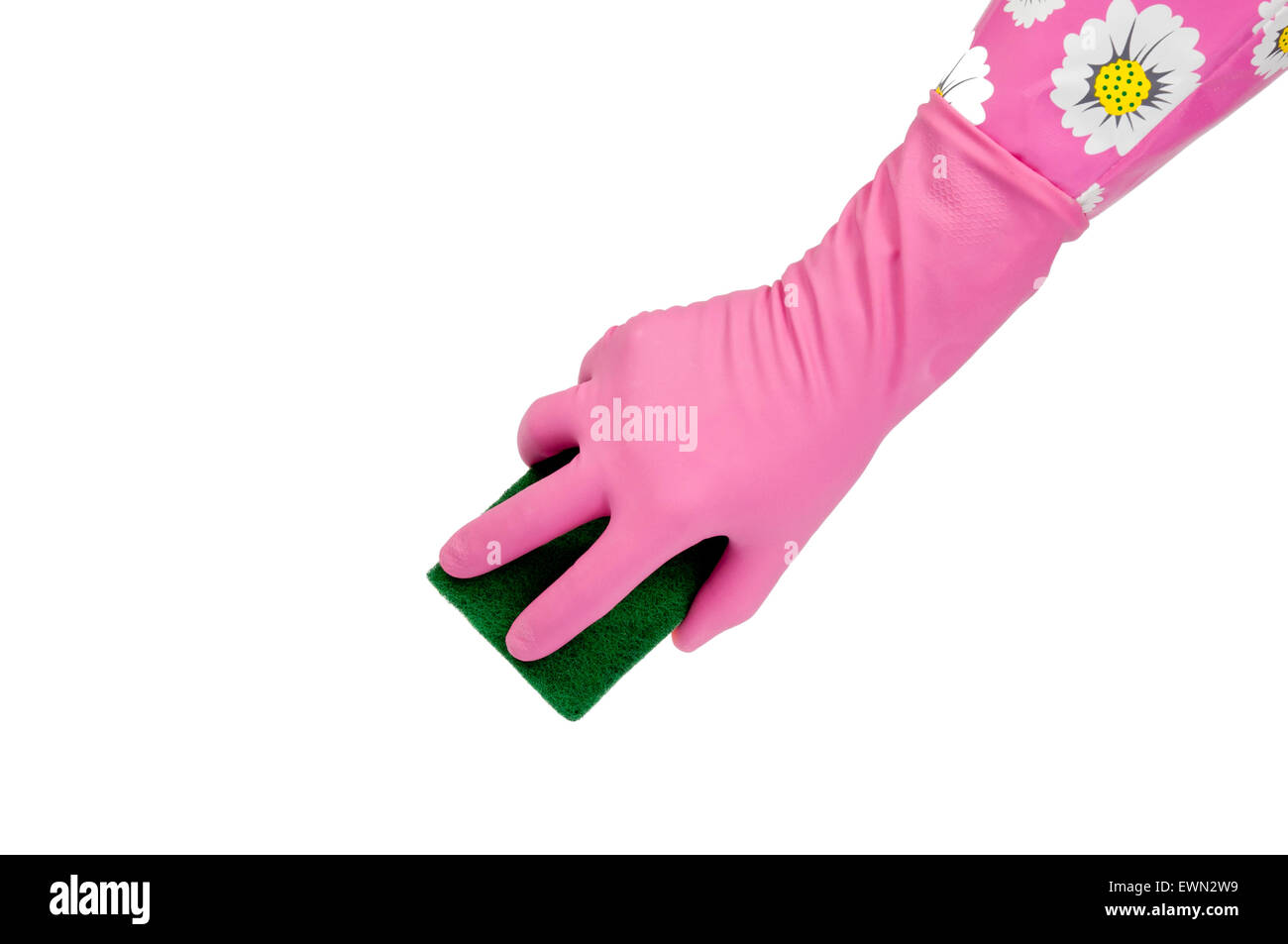 Tempo di pulizia con rosa Guanto in gomma e spugna. Un sacco di copia spazio isolato su bianco Foto Stock
