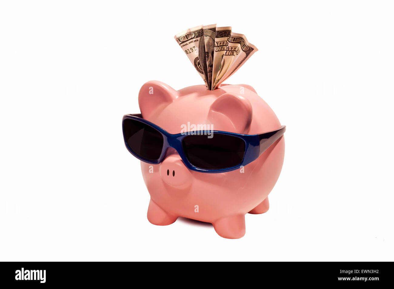 Risparmi vacanze salvadanaio. Risparmiare denaro per una bella vacanza. Isolato su bianco. Foto Stock