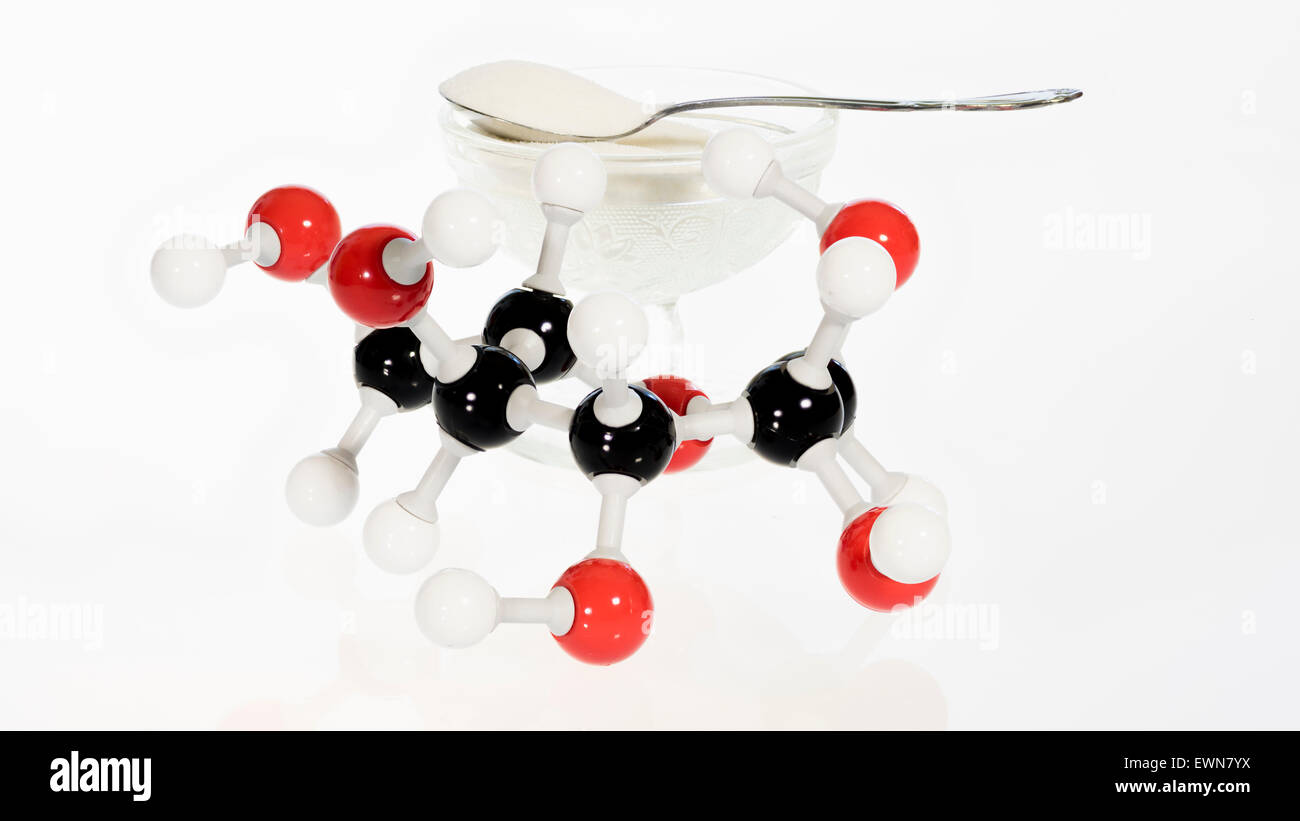 Glucosio atomo di zucchero con un cucchiaio Foto Stock