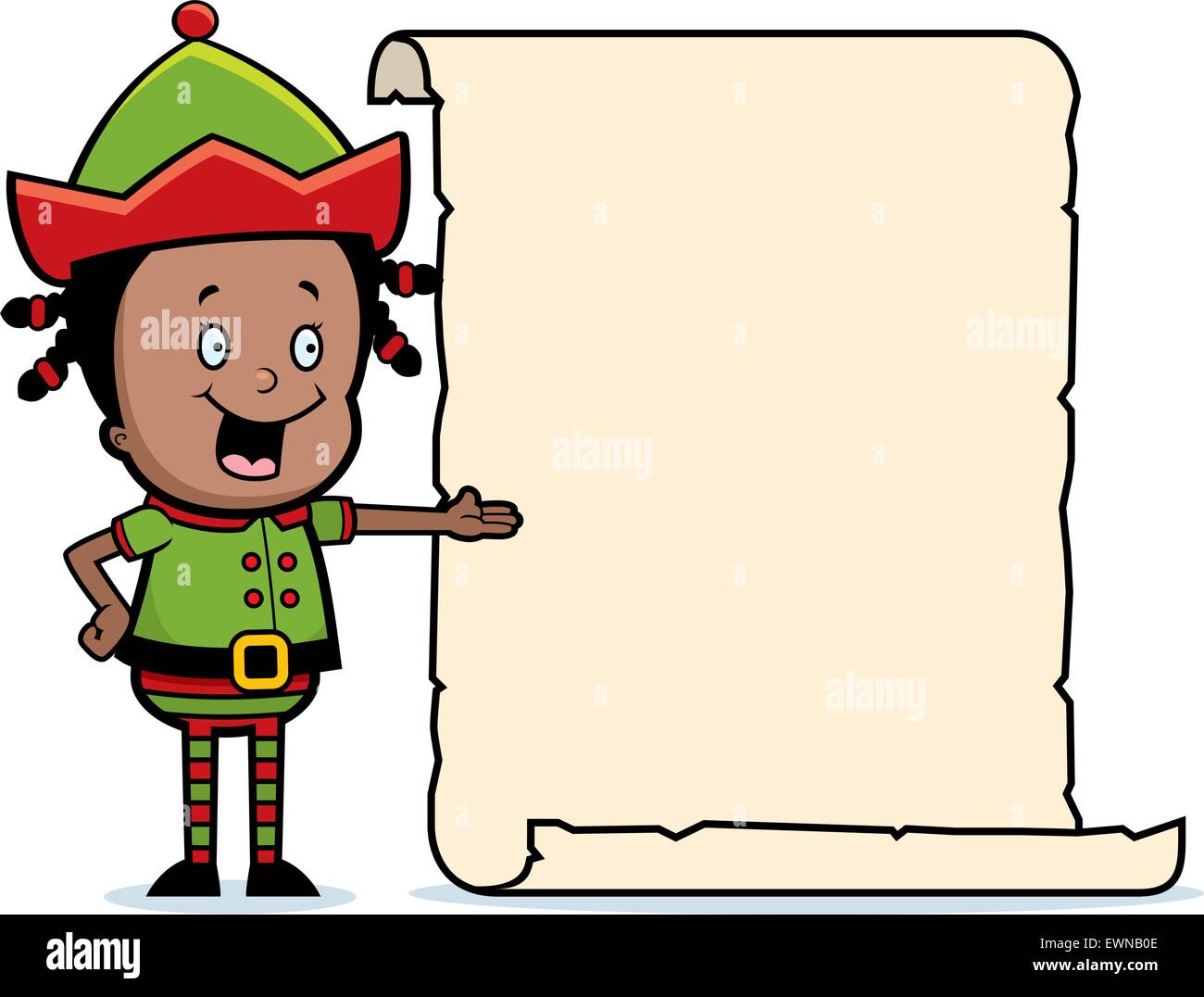 Un felice Natale cartoon elf con un elenco. Illustrazione Vettoriale