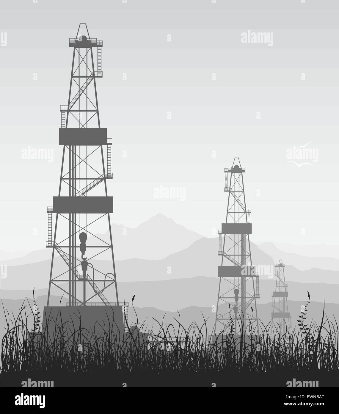 Paesaggio con olio di perforazione su mountain range. Dettaglio illustrazione vettoriale. Illustrazione Vettoriale
