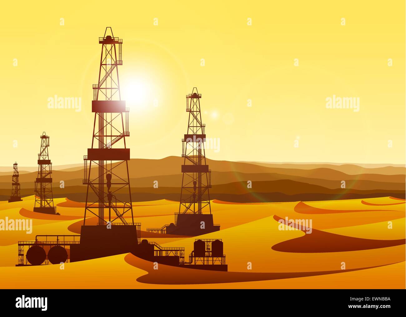 Paesaggio con impianti di trivellazione del petrolio in arido deserto con dune di sabbia. Dettagliata illustrazione vettoriale. Illustrazione Vettoriale