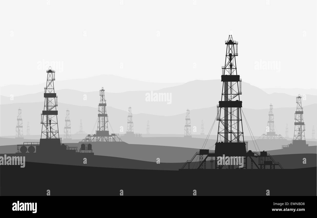 Impianti di trivellazione del petrolio a grandi oilfield oltre la gamma della montagna. Dettagliata illustrazione vettoriale. Illustrazione Vettoriale