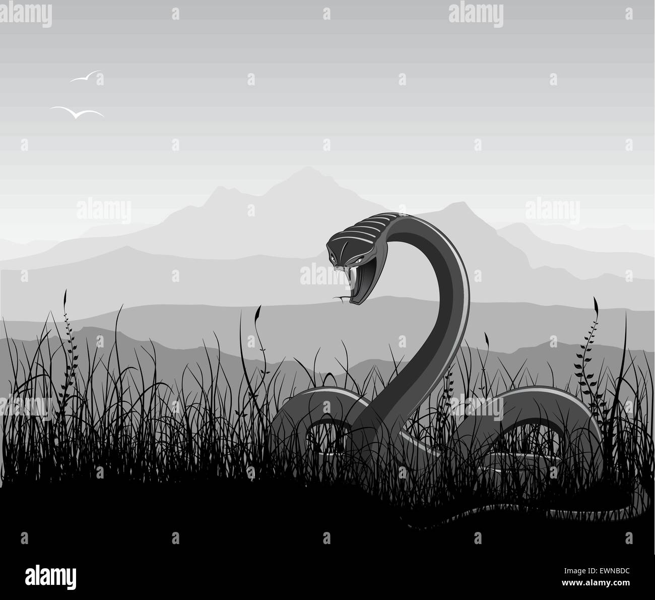 Paesaggio con serpente arrabbiato, erba e montagne. In bianco e nero illustrazione. Illustrazione Vettoriale