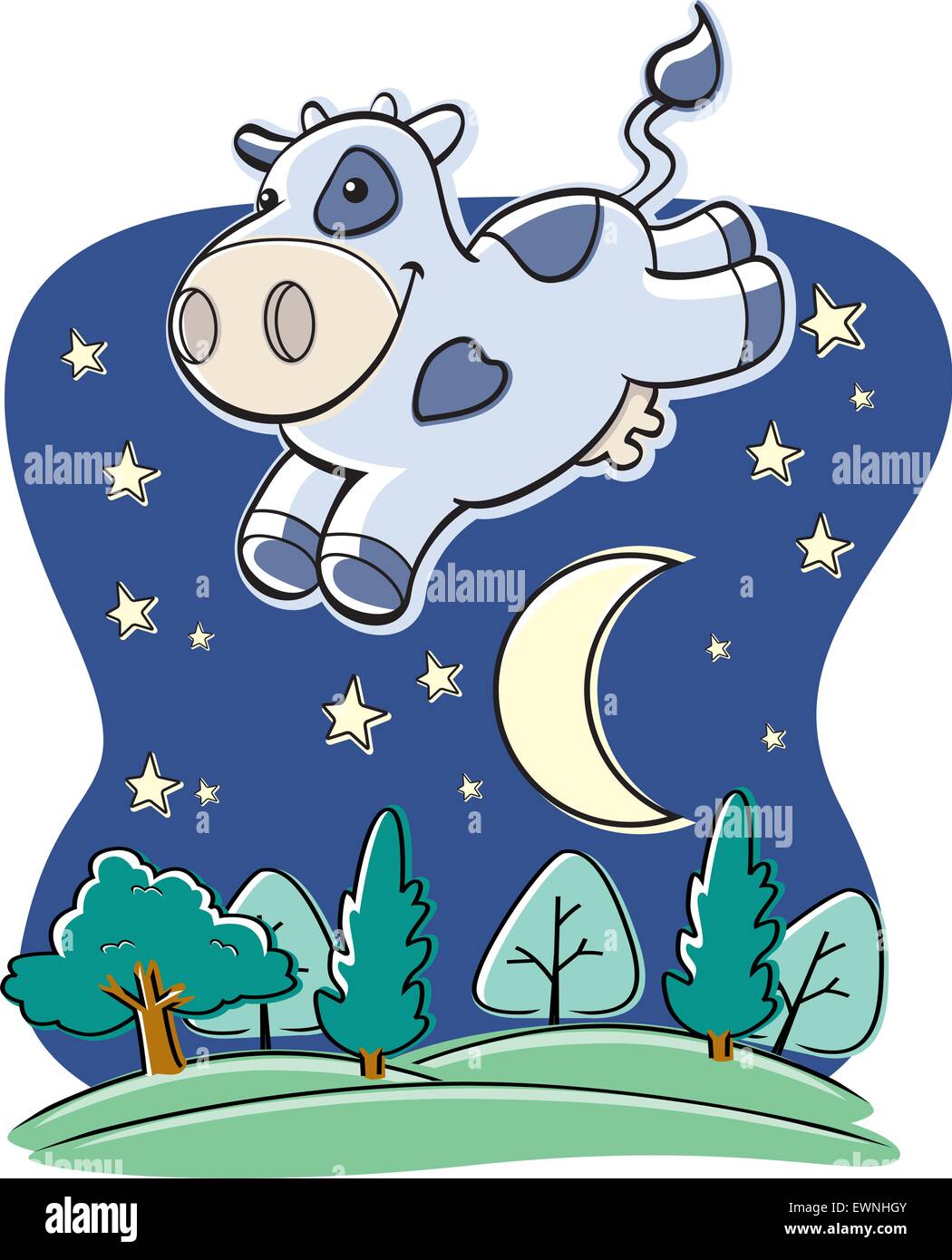 Un felice cartoon mucca salta sopra la luna. Illustrazione Vettoriale