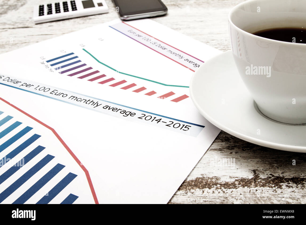 L'analisi grafica con l'evoluzione del tasso di cambio dollaro euro e fare i calcoli Foto Stock