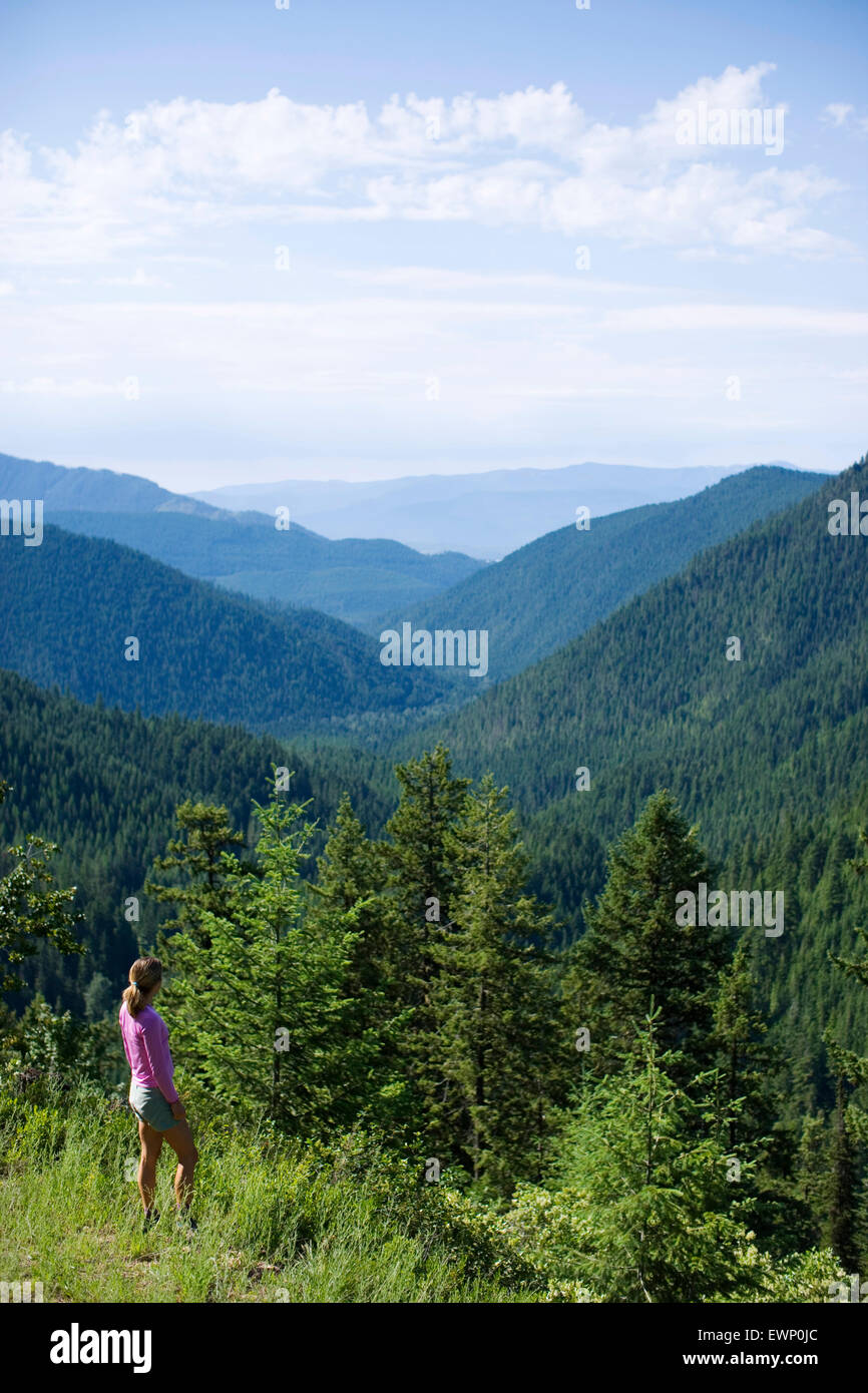 Donna adulta guardando sopra la foresta incontaminata durante le escursioni. Foto Stock